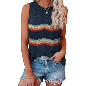 🆕Women  Black Polyester Eyelet Embroidery Crewneck Sleeveless Tunic Top Casual